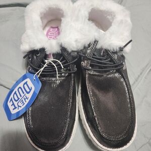 Hey Dude Black Women's Shoes with White Fur Lining